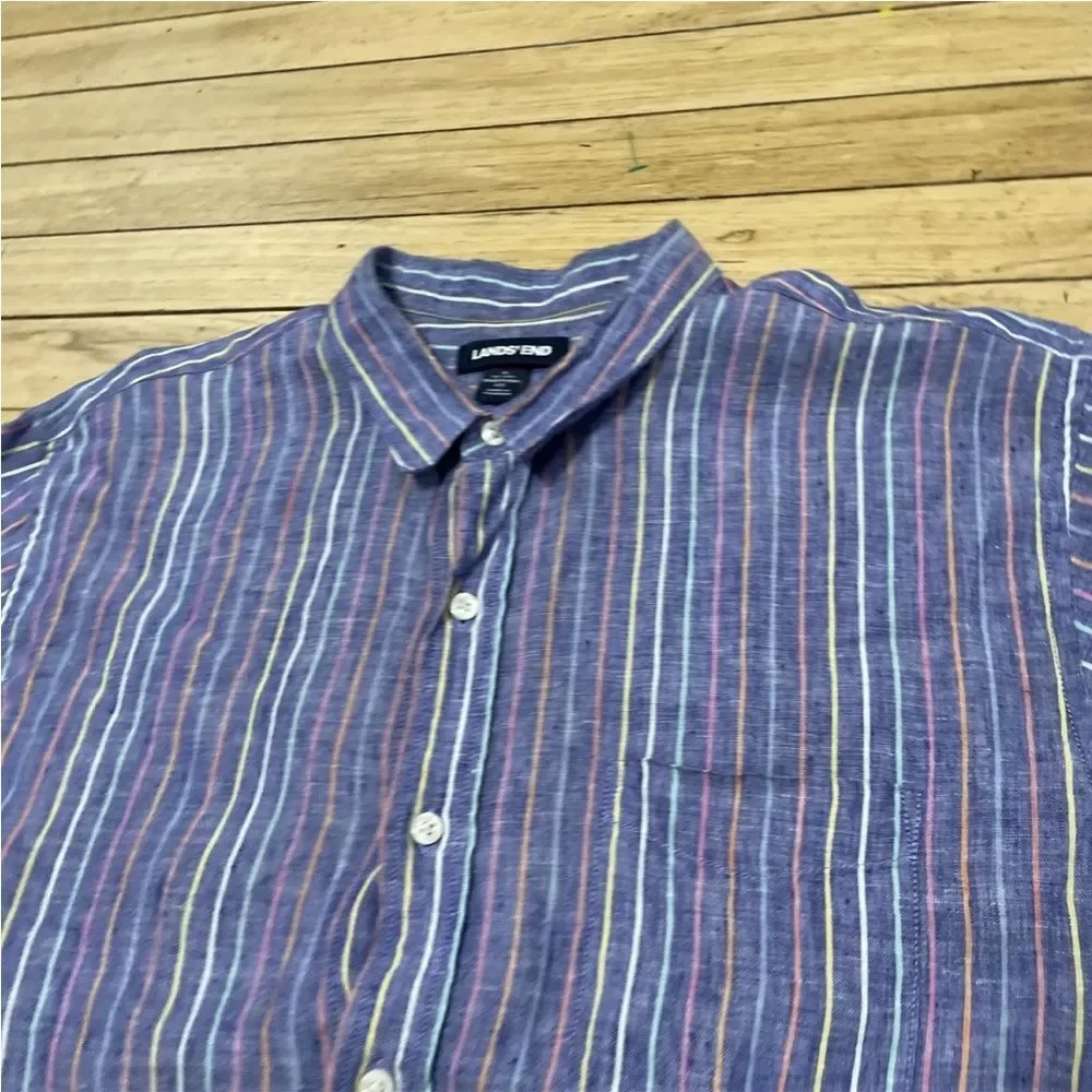 LANDS' END Linen Button Shirt Men L Traditional Fit Blue Vertical Stripe Rainbow
